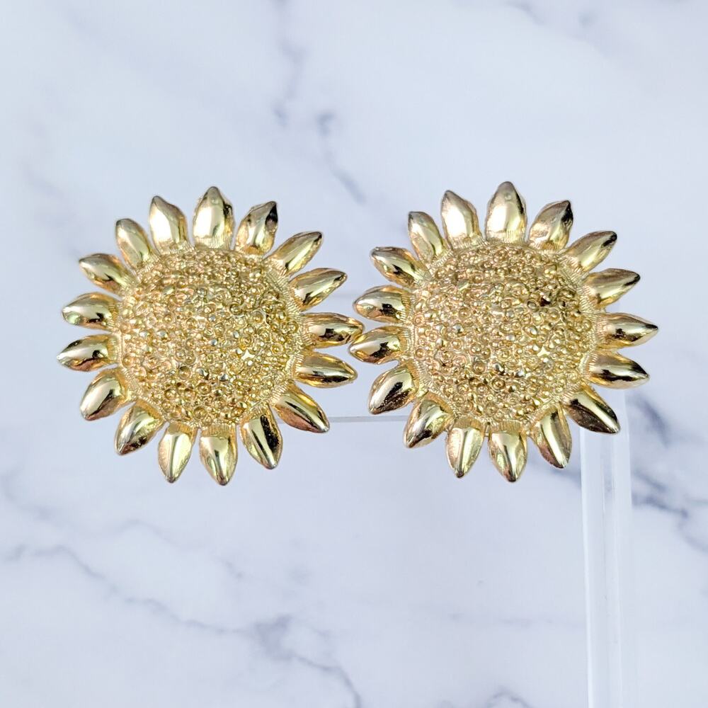Vintage Stud Earrings Large Sunflower Like Gold Tone 1 & 3/8" Statement
